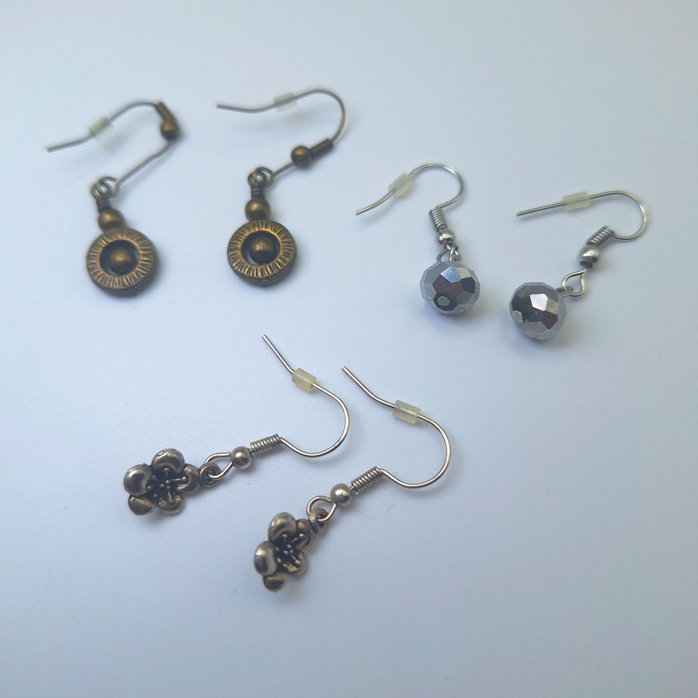 Lot of 3 Pairs Dangle Earrings Flower Beads Sunburst Charm